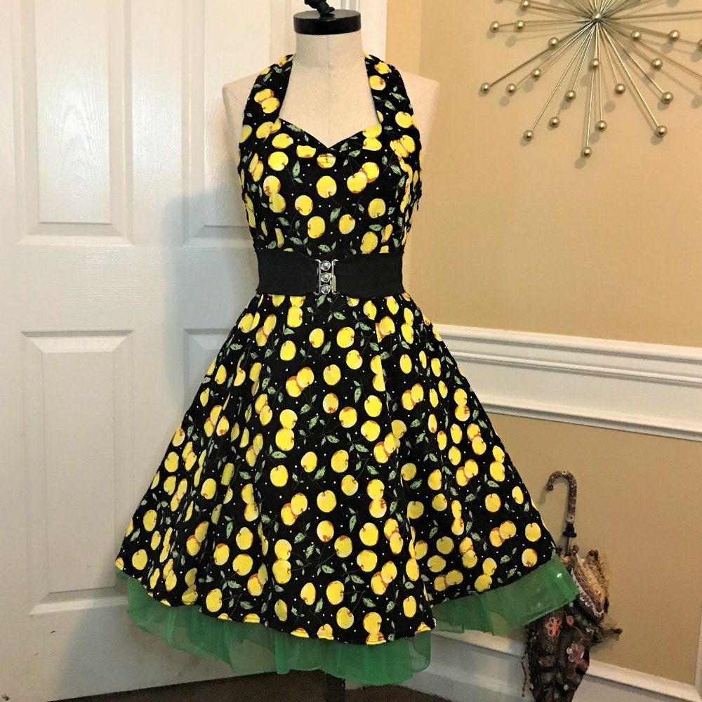 Rockabilly Swing Halter Dress Black w/Yellow Cherries Sz XXL
